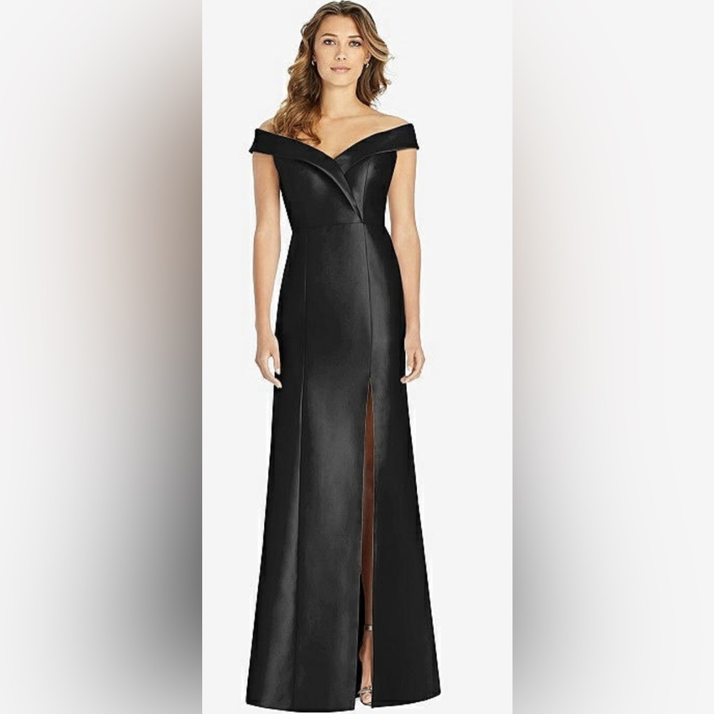 Alfred Sung Black Off-the-Shoulder  Trumpet Gown Front Slit Size 8 MSRP $250